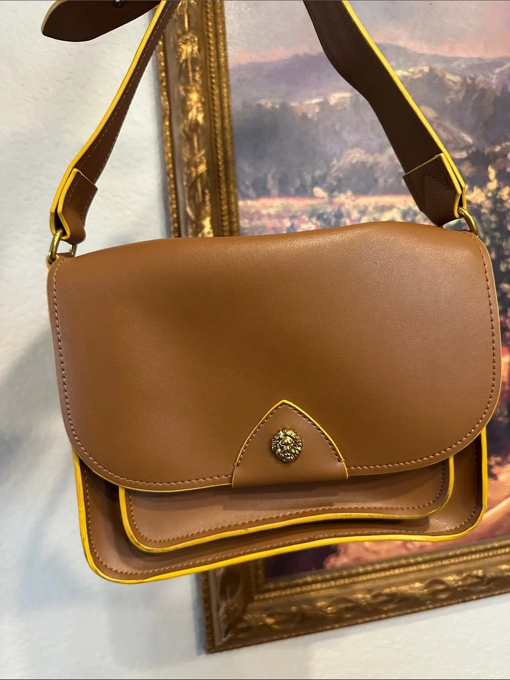 Anne Klein Brown Leather Crossbody Bag with Yellow Trim